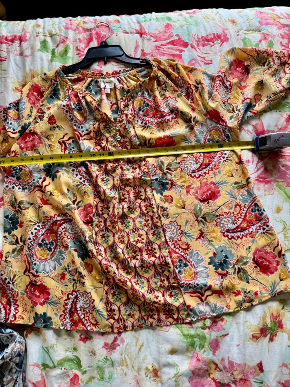 fig and flower Yellow Floral Boho Blouse with Red and Green Accents - Picture 4 of 7